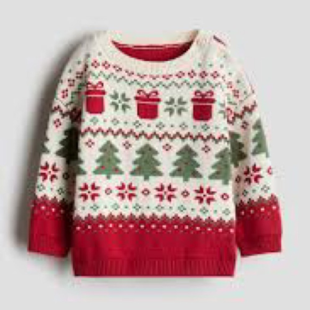 H&M Kids Holiday Christmas Jacquard Knit Sweater Tree Snowflake Pattern Cotton